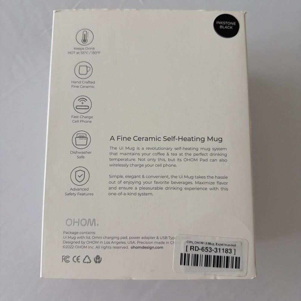 OHOM Ui Ceramic Self-Heating Mug Warmer Kit Inkstone Black Expel Coffee Tea NIB - Picture 10 of 10